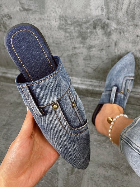 Distressed Denim Pointed Toe Mules, Deep blue, Flats