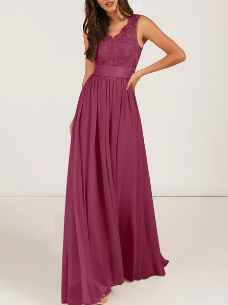 

Wedding Regular Fit Chiffon Vintage V Neck Guest Dress, Wine red, Maxi Dresses