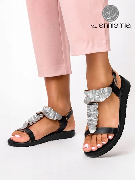 

Casual Black-silver Ruched T-bar Sandals, Sandals