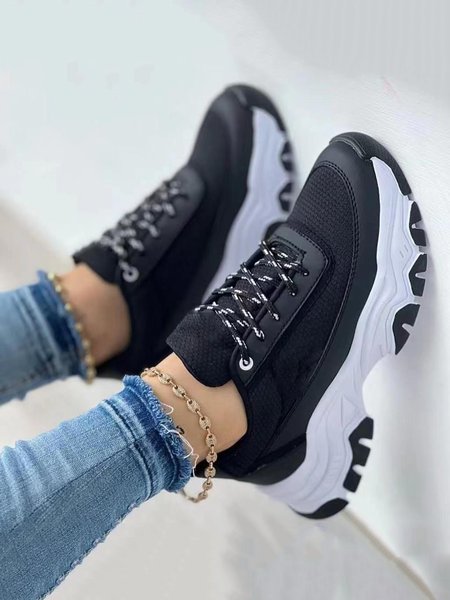

Breathable Mesh Fabric Lace-Up Chunky Trainers, Black, Sneakers