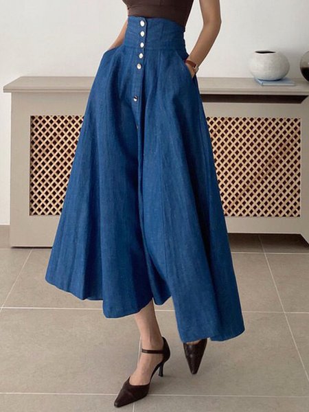 

Urban Plain Buttoned Pockets Denim Skirt, Denim blue, Denim Skirts