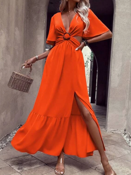 

Plain Casual V Neck Loose Dress With Belt, Orange red, Formal Dresses