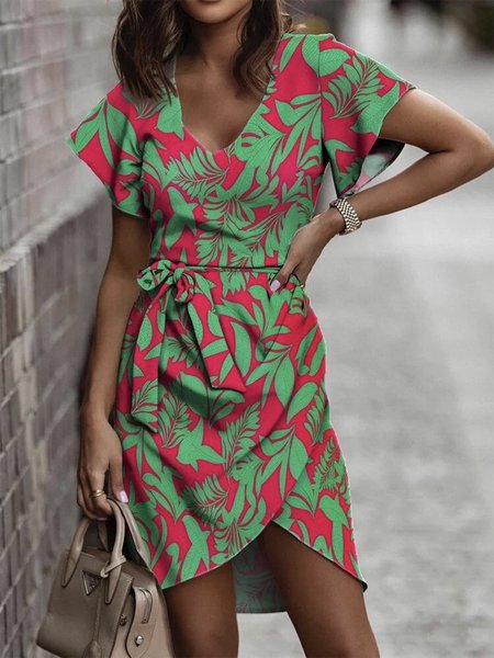 

V Neck Urban Loose Plants Dress With Belt, Green, Mini Dresses
