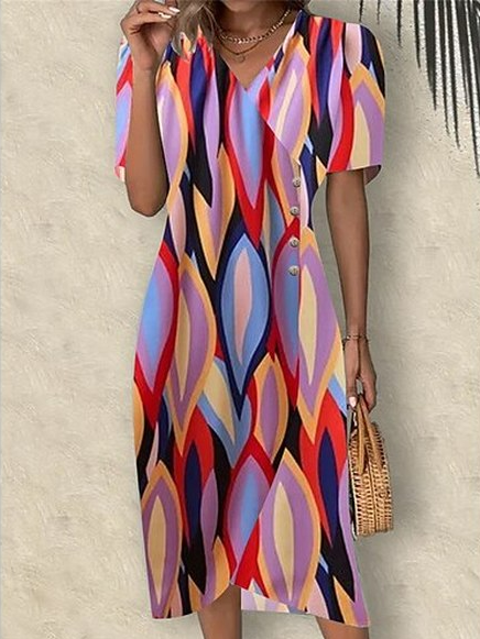 

Elegant Buckle Loose V Neck Dress With No Belt, Red, Dresses