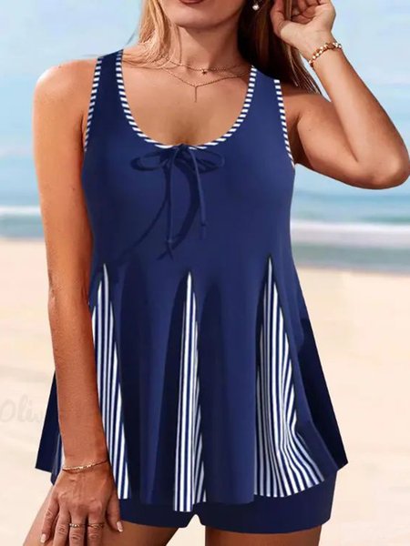 

Casual Striped Printing Scoop Neck Tankini, Blue, swimwear>>Tankinis