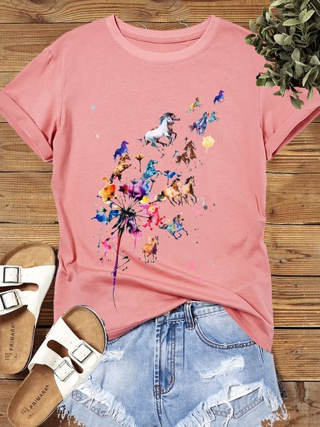 

Women's Dandelion flower and horse Running horse Crew Neck Casual Cotton T-Shirt, Pink, T-shirts
