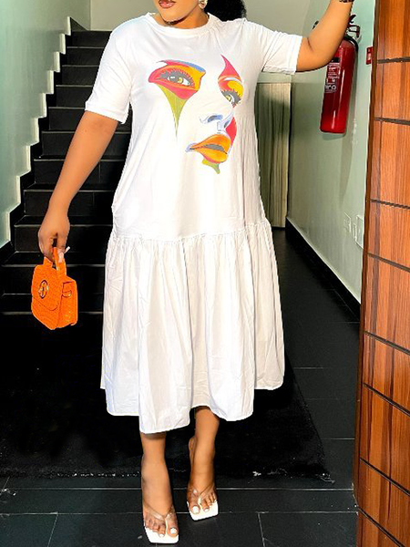 

Lightweight Urban Face Crew Neck Short sleeve Loose Midi Dress, White, Midi Dresses
