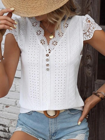 

Guipure Lace Panel Eyelet Embroidery Scallop Trim Tops, White, Shirts & Blouses