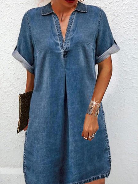 

Denim Casual Plain V-Neck Dress, Blue, Dresses