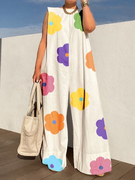 

Floral Vacation Sleeveless Loose Jumpsuit, White, Jumpsuits
