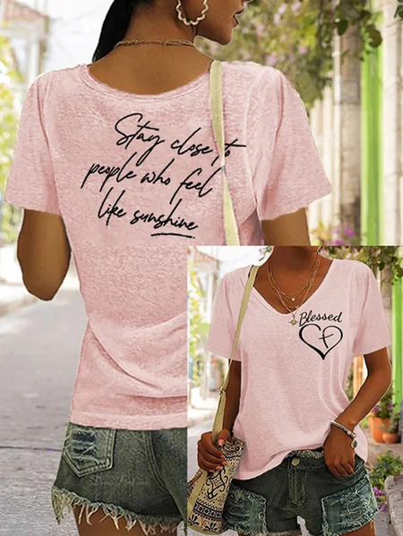 

Blessed Loose Casual V Neck T-Shirt, Pink, T-Shirts