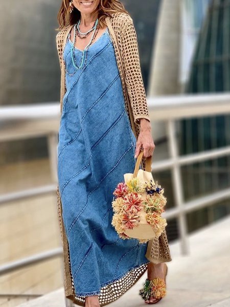

Denim Spaghetti Casual Denim Dress, Blue, Maxi Dresses
