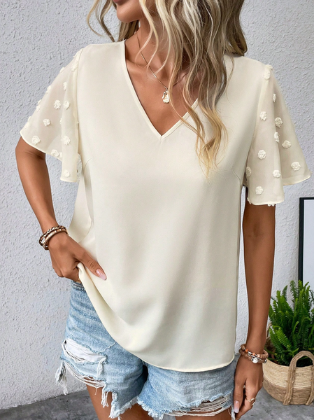 

V Neck Loose Simple Plain Shirt, Apricot, Shirts & Blouses