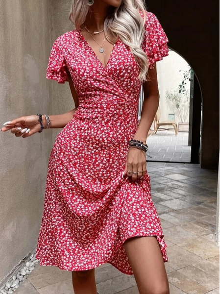 

Ditsy Floral Print Butterfly Sleeve Cross Neck Dress, Red, Dresses