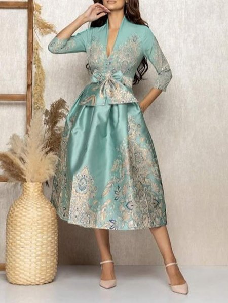 

Regular Fit Cross Neck Elegant Midi Dress Wedding, Green, Midi Dresses