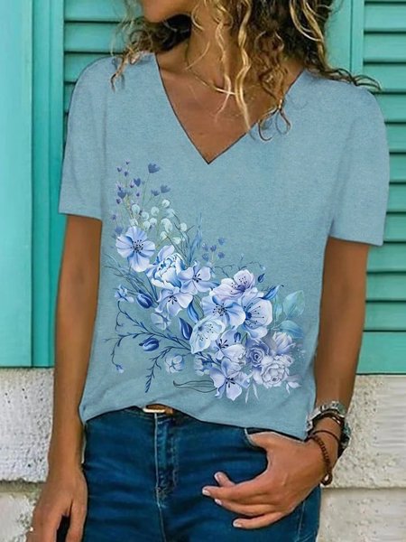 Floral Loose Casual V Neck T-Shirt, Blue, T-Shirts