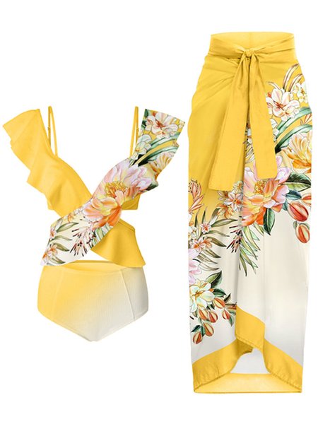 

Vacation Floral Printing V Neck Bikini With Cover Up, Yellow, Swimsuit with Coverups