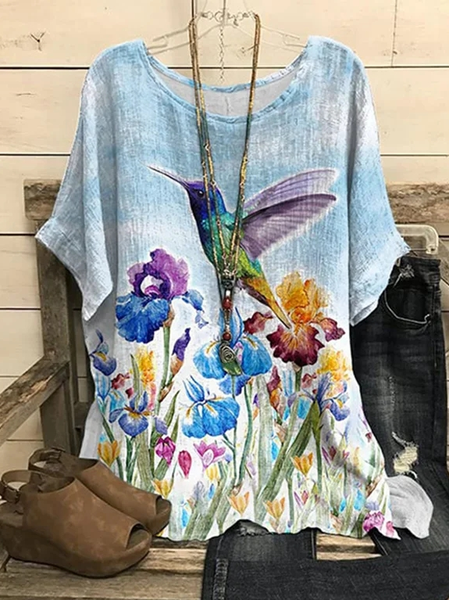 

Hummingbird Flower Print Crew Neck Loose Shirt, Blue, Shirts & Blouses