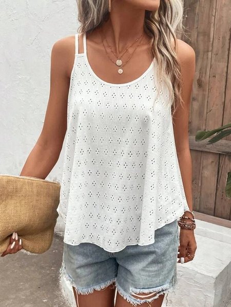 

Solid Eyelet Embroidery Spaghetti Loose Casual Cami, White, Tanks & Camis