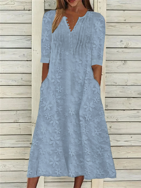 

JFN Cotton-blend Half Open Collar Loose Dress, Blue, Dresses