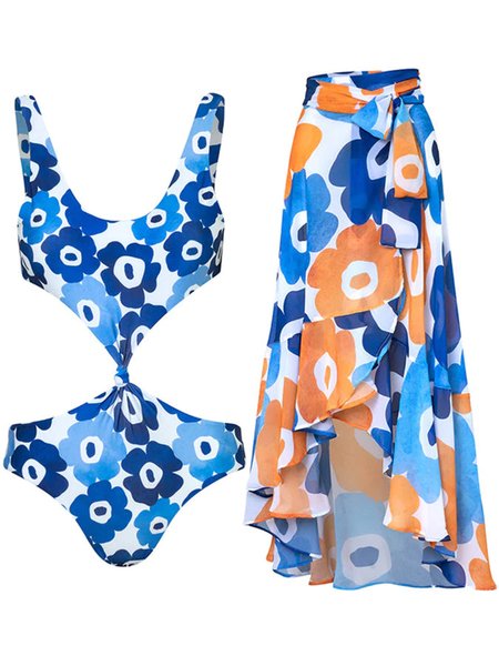

Vacation Floral Printing V Neck One Piece With Cover Up, Blue, Swimsuit with Coverups