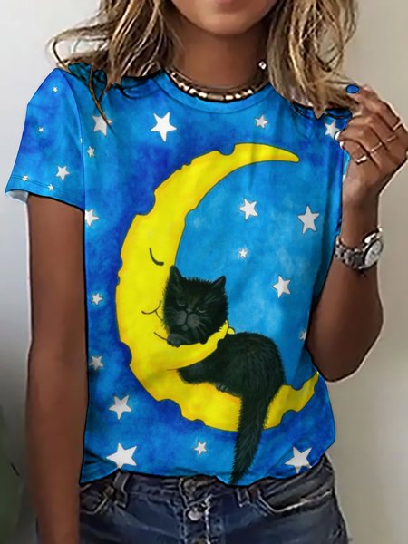 

Women's Moon Hugging Black Cat Print Crew Neck Casual T-Shirt, Blue, T-shirts