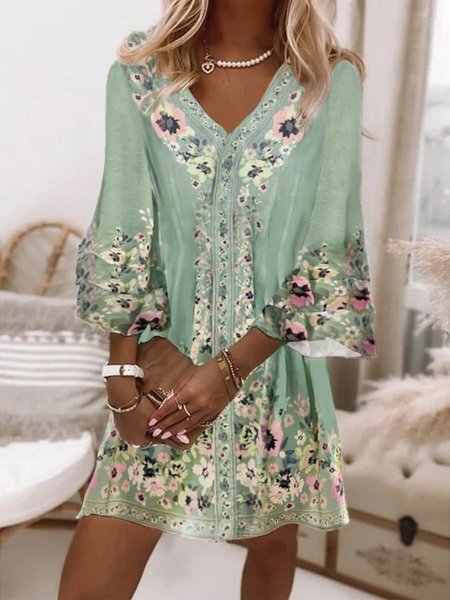 

Vacation Floral V Neck Dress With No Belt, Green, Dresses