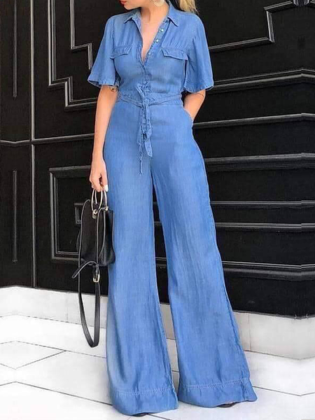 

Lightweight Urban Others Short sleeve Regular Fit faux denim Jumpsuit, Denim blue, Jumpsuits