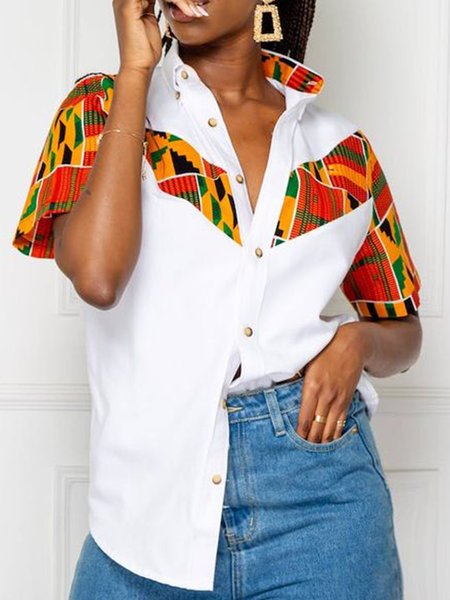 

Geometric Split Joint Urban Short Sleeve Blouse, White, Blouses and Shirts