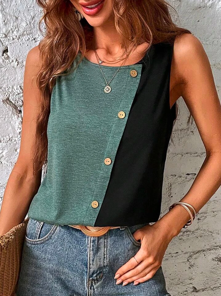 

Loose Color Block Casual Buttoned Shirt, Green, Tanks & Camis