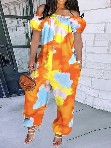 

Gradient Pattern Casual Cold Shoulder Jumpsuit, As picture, Jumpsuits