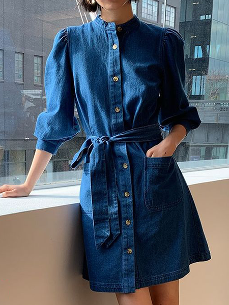 

Urban Loose Short sleeve Denim Dress Belt With Belt Shirt Dress, Denim blue, Mini Dresses