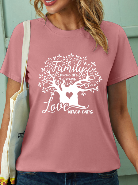 

Women’s Family Where Life Begins And Love Never Ends Plants Casual Crew Neck T-Shirt, Pink, T-shirts