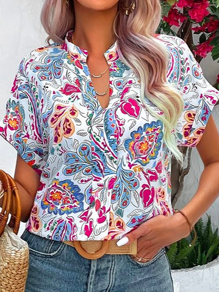 

Vacation V Neck Ethnic Loose Blouse, Pink, Shirts & Blouses