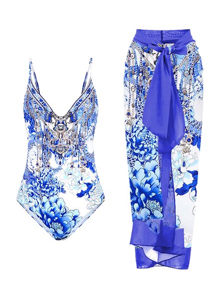

Vacation Abstract Printing V Neck One Piece With Cover Up, Blue, swimwear>>One-Pieces