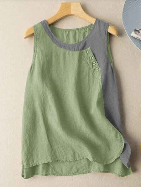 

Linen Loose Crew Neck Cotton And Linen Tank Top, Green, Tanks & Camis