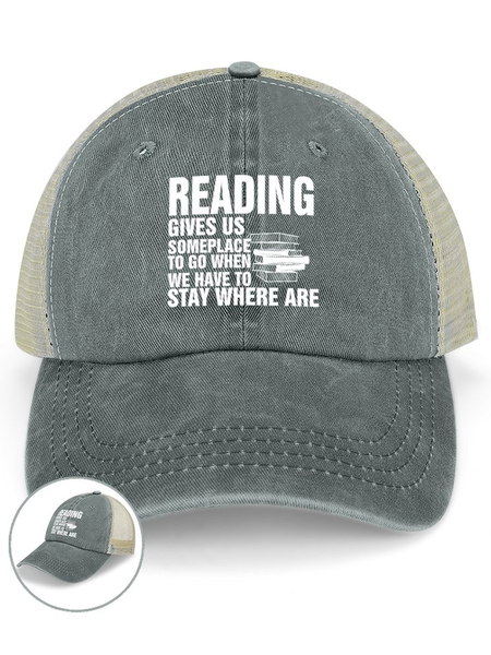 

Lilicloth X Y Reading Gives Us Someplace To Go When We Have To Stay Where Are Men’s Washed Mesh-back Baseball Cap, Light gray, Women's Hats