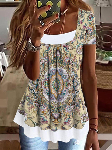 

Buttoned Square Neck Ethnic Boho Shirt, Yellow, Shirts & Blouses