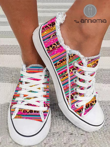 

Multicolor Leopard Striped Fringe Hem Canvas Shoes, Sneakers