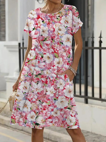 Crew Neck Casual Loose Floral Dress With No Belt, Red, Dresses