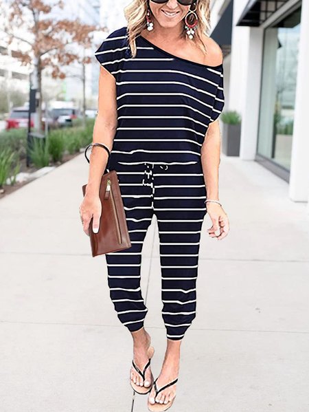 

Striped Casual Loose One Shoulder Jumpsuit, Stripe, Jumpsuits＆Rompers