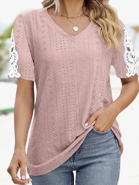 

Loose Lace Plain Vacation Women's Short Sleeve V Neck Solid Color Hollow Lace Stitching Casual Top, Pink, Shirts & Blouses
