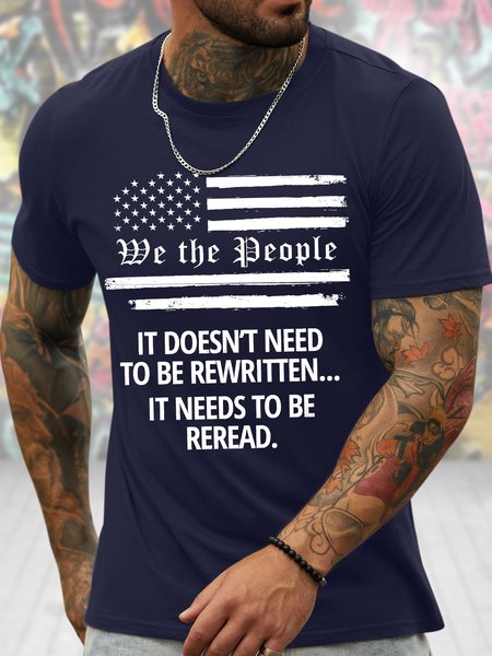 

Men's We The People It Doesn't Need To Be Rewritten It Needs To Be Reread Funny American Independence Day Graphic Printing America Flag Crew Neck Cotton Casual T-Shirt, Purplish blue, T-shirts