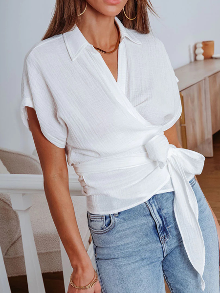 Loose Lightweight Shirt Collar Short sleeve Vacation Blouse, White, Blouses and Shirts