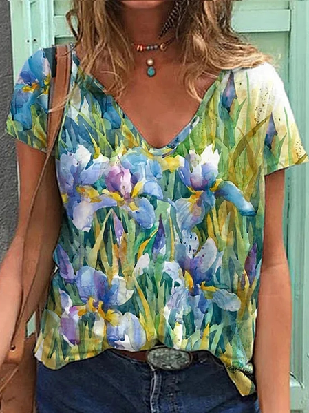 

Watercolor Iris Print V Neck Casual Loose T-Shirt, Cyan, T-Shirts