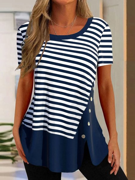 

Striped Crew Neck Casual Buckle T-Shirt, Dark blue, T-Shirts