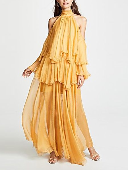 

Party Plain Vintage Loose Halter Dress, Yellow, Maxi Dresses