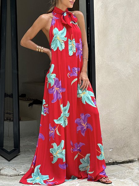 

Halter Floral Loose Sleeveless Vacation Dress, Red, Maxi Dresses