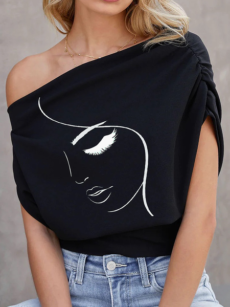 

Lightweight Asymmetrical Short sleeve Urban Loose Face Shirt, Black, Blouses and Shirts