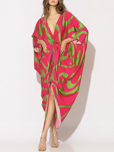 

V Neck Oversize Vacation Dress With No, Rose red, Midi Dresses